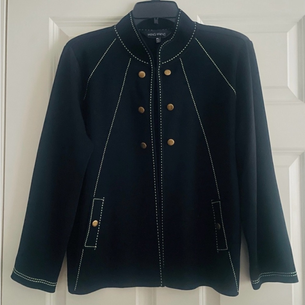 Ming Wang Women’s PL Black Cardigan Open Jacket with White Stitching Acrylic